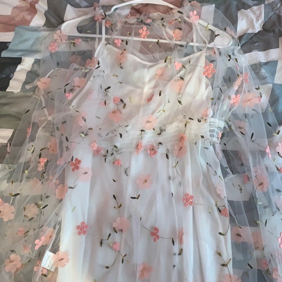 White Mesh Pink Floral See Thru Day Dress - Picture 1 of 5